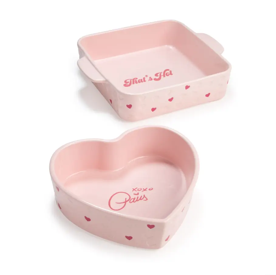 2-Piece Ceramic Nonstick Baking Dish Set, Square & Heart-Shaped Casserole Pans, Pink