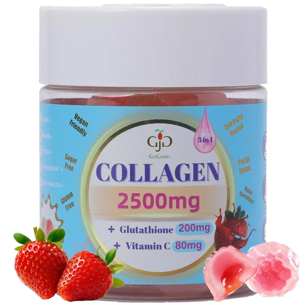 2500mg Collagen Beauty Supplement with 200mg Glutathione & 80mg Vitamin C, Sugar-Free 2-Tone Natural-Flavored Gummies for Skin Care, Dietary Healthcare