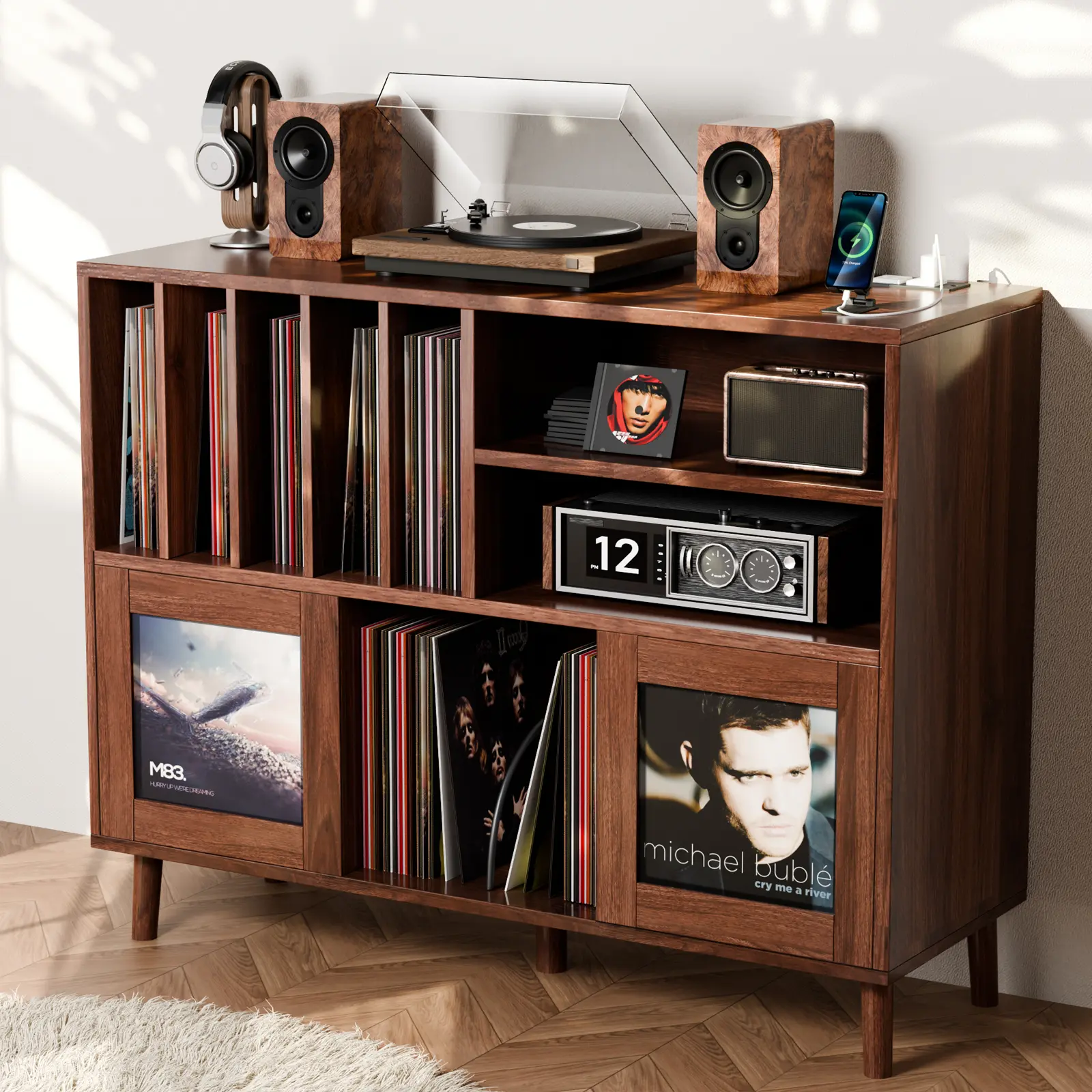 Gyfimoie XL Record Player Stand with Sliding Doors, 500+ Vinyl Record Storage Cabinet with Charging Station & USB Ports, Mid Century Modern Record Player Table,Turntable Stand with Wood Legs