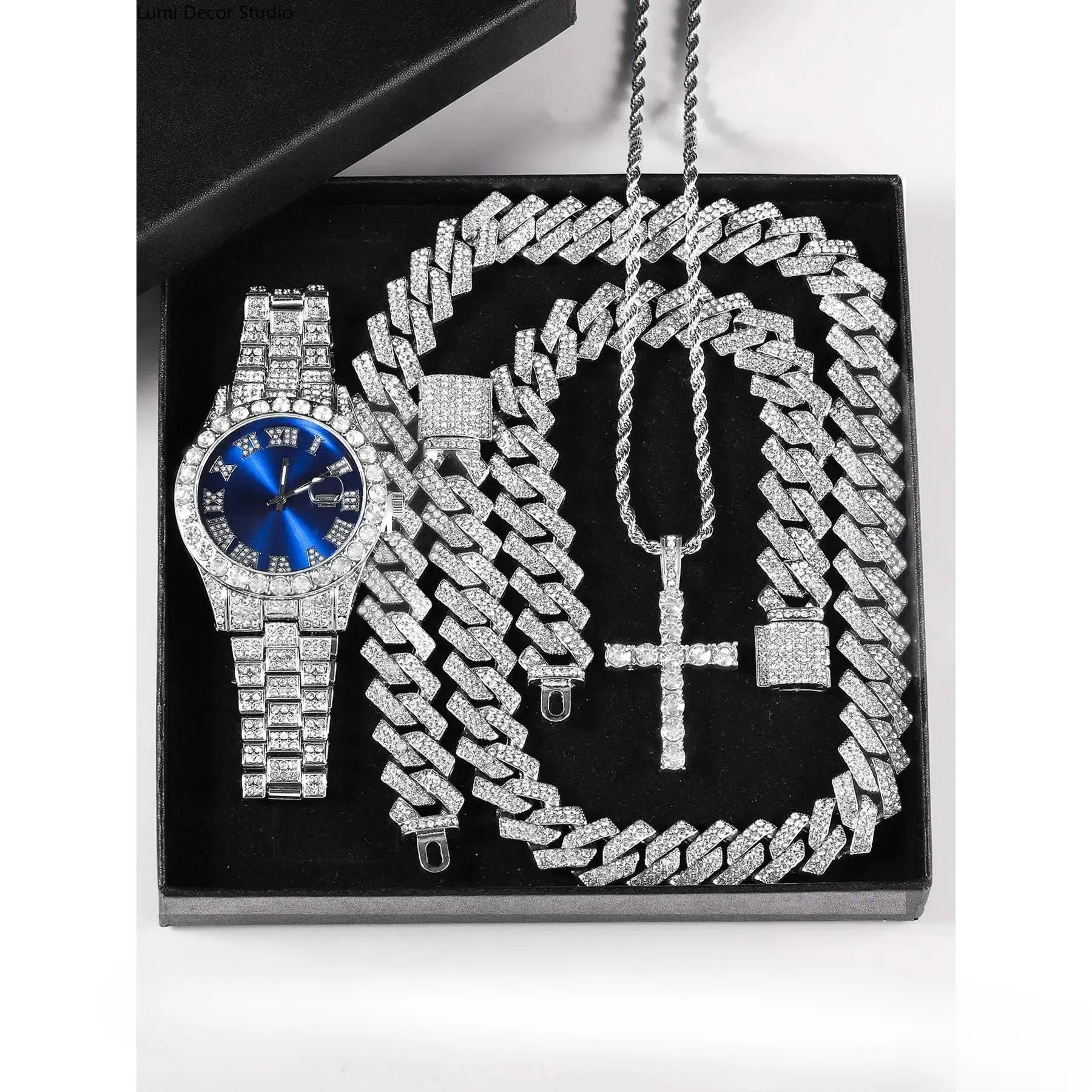 Punk Watch and Jewelry Set with Rhinestone Cross Pendant, Unisex Analog Quartz Movement with Adjustable Alloy Strap, 3-Piece Gift Box