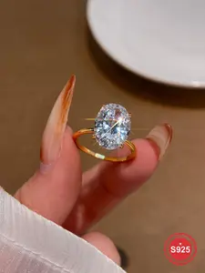 S925 Sterling Silver Oval Shaped Artificial Zircon Ring, Vintage Engagement Ring, Fashion Engagement Ring for Women, Trendy All-match & Exquisite Jewelry for Birthday Gift