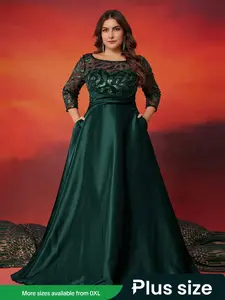 [Plus Size] Leaf Pattern Sequins Decor Formal Woven Fabric Evening Dress, Elegant Fashion Loose Maxi Dress for Party Ball Performance Wear, Women's Plus Size Clothing for Spring & Fall