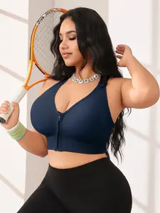 Plus Size 1-4XL Women's Front Zip Backless Sports Bra, Criss Cross Shoulder Straps, Medium Support, Yoga Workout, Casual Daily Wear, Wireless Sports Bra