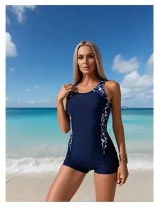 Navy Blue One Piece Swimsuit - Women's Geometric Print Athletic Bathing Suit - Sleeveless Swimwear for Swimming, Training, and Water Sports - Comfortable & Durable