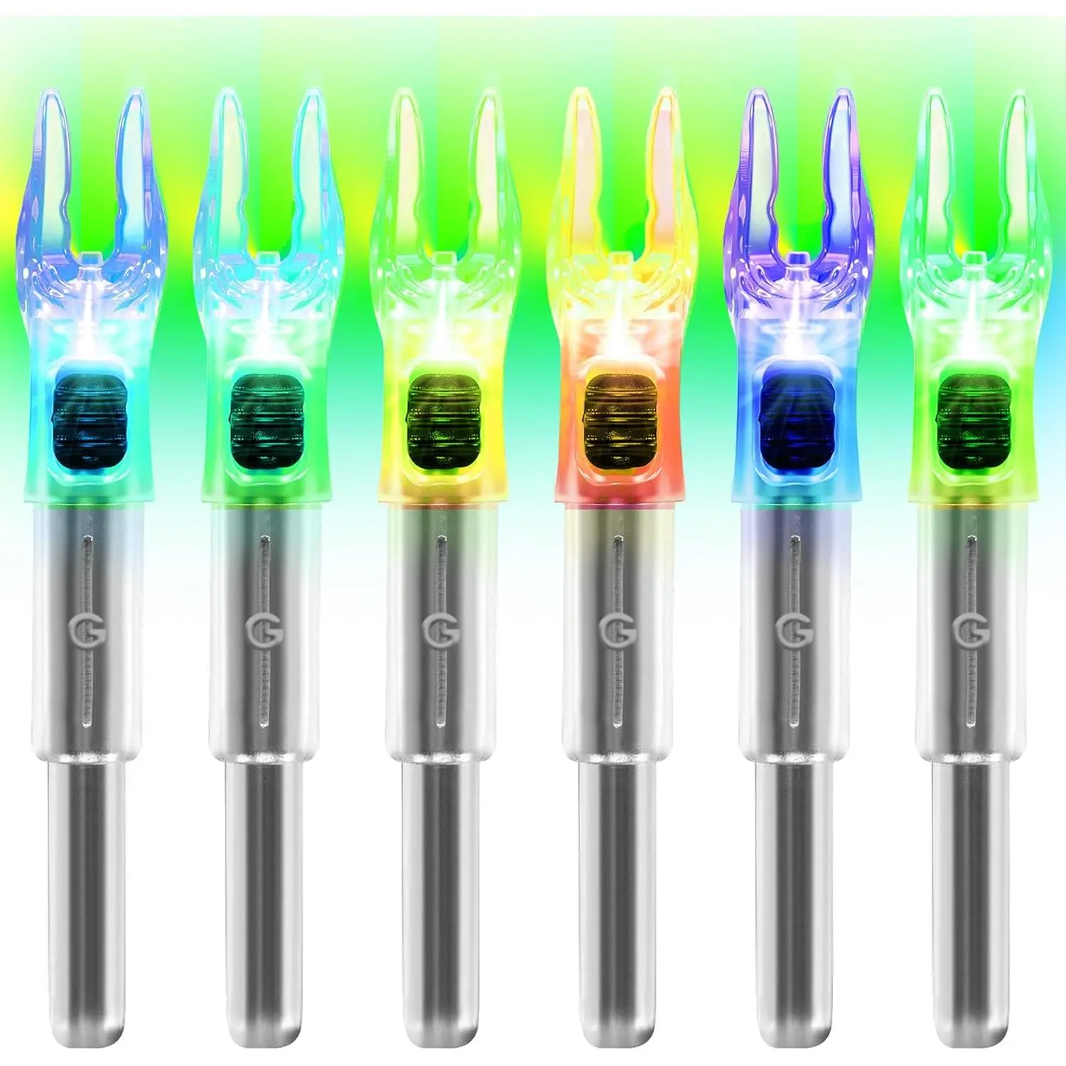 6/12 Pack G Lighted Nocks for Arrows with .165 .204 .233 .244 .246 Inside Diameter with X, H, S, GT Bushings High-Visibility LED Arrow Nocks, ON/Off  Included