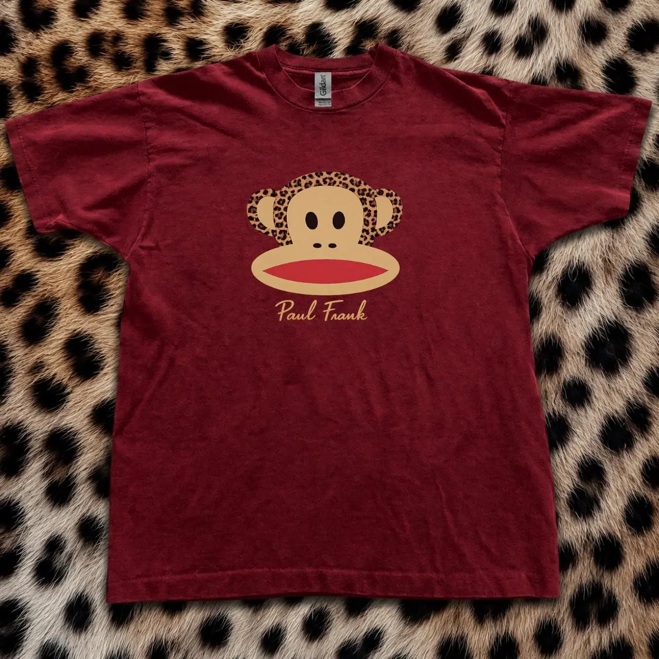 Paul Frank red & burgundy cotton T-shirt with monkey face graphic Unisex Top Classic