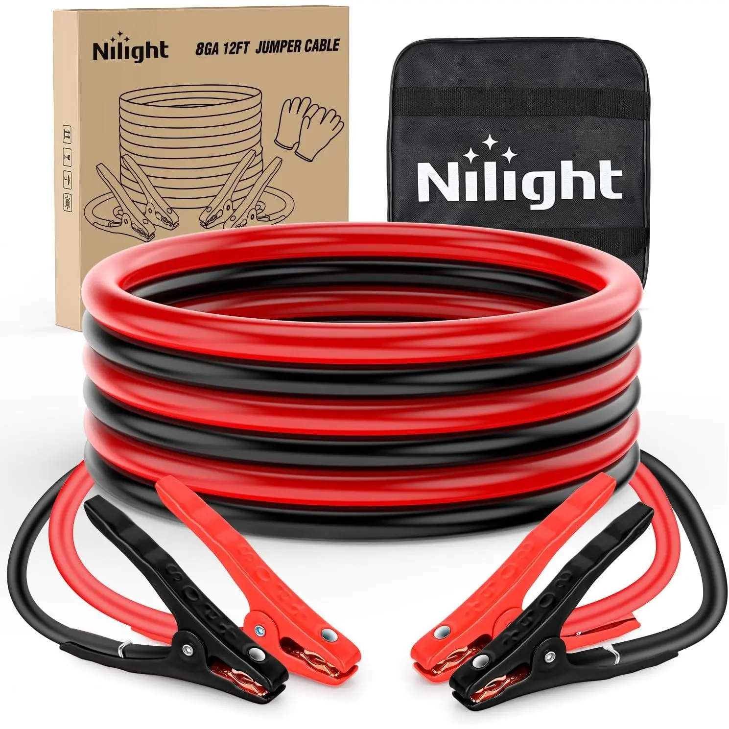 Nilight 8-Gauge Tangle-Free PVC Automotive Jump Starting Cables, 12 FT High Power Heavy Duty 250A Peak/CCA Start Kit with Storage Bag, Gloves for SUV, Sedan