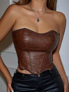 women's solid lace up grommet eyelet corset crop tube top, elegant fashion strapless pu leather top for daily outdoor wear, ladies clothes for all seasons