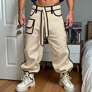 INCERUN Menswear Belted Colorblock Corduroy Cargo Pants - Comfy, Casual, Body-Fitting, Form-Fit Plus-Size Mens Pants with Pockets, Zipper, Street Style for Autumn, Comfy Men's Pants