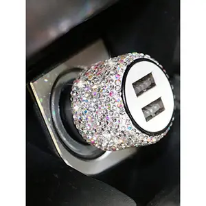 New Bling USB Automotive Car Charger Dual Port Fast Adapter Vehicle Power Adapter Pink Car Decor Car Styling Diamond Car Accessories Interior For Woman