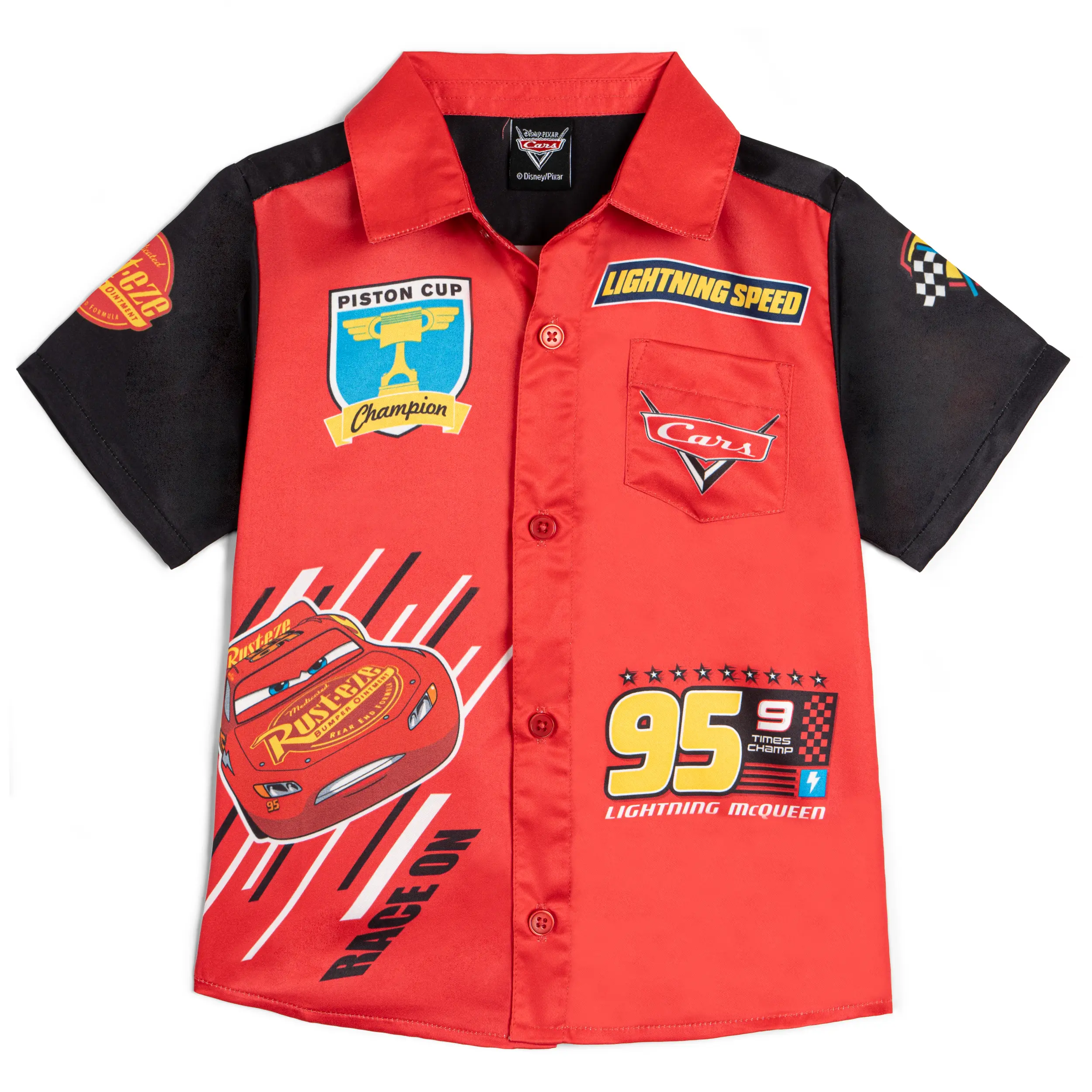 Disney Cars Boys' Lightning McQueen Graphic Shirt, Casual Short Sleeve Polyester Button-Down Top with Collared Neck and Pocket for Toddlers, Pockets, Character-Inspired Boys' Shirts, Cars Cartoon Boys' Shirts