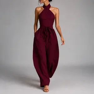 Women’s Linen Wide Leg Jumpsuit, Tie Up Halter Cross Strap Backless Jumpsuit  with Pockets for Summer Resort Vacation