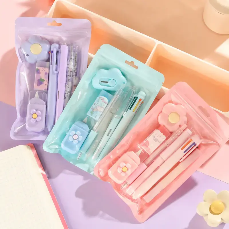 Kawaii Pink 7-Piece Office & School Stationery Set - Ballpoint Pens, Highlighter, Sharpener, Correction Tape, Ruler, Utility Knife, Back To School Haul, Office Girly Desk Accessories
