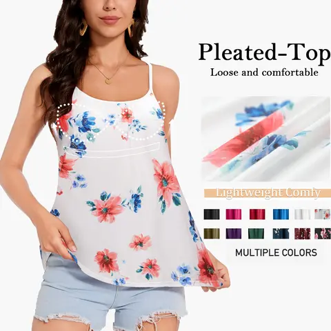 Women's Multicolored Soft Fabric Tank Tops - Built-in Bra Cup, Adjustable Spaghetti Straps, Flowy Swing Pleated, Sleeveless Camis for Spring, Summer Beach Outfits