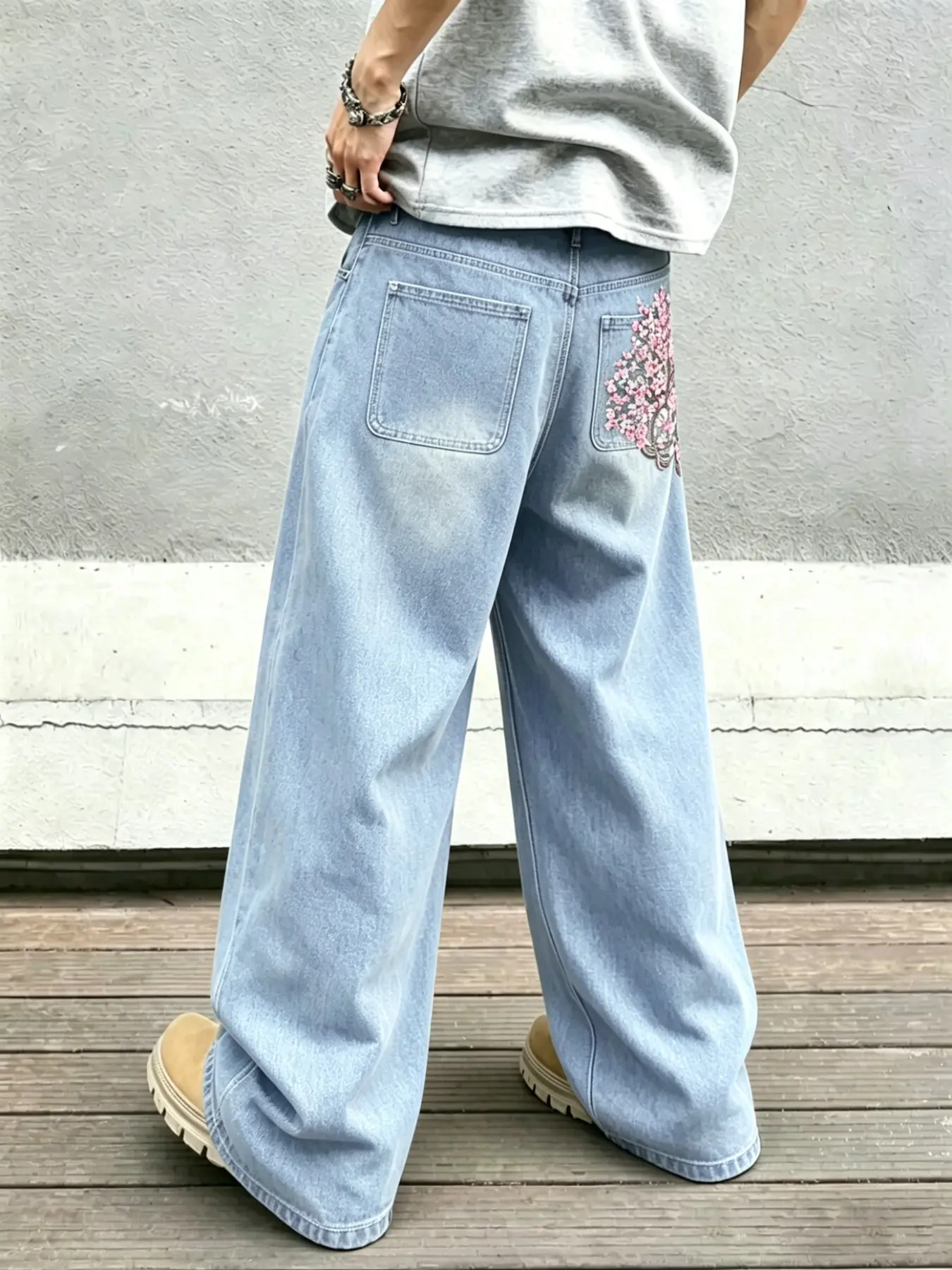 Street-Style Cherry Blossom Embroidered Wide-Leg Oversized Baggy Man Denim Jeans, Light Blue Washed Loose Straight-Leg Floor-Length Pants, High Street Trendy Brand Streetwear, Trouser