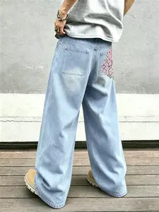 Street-Style Cherry Blossom Embroidered Wide-Leg Jeans, Light Blue Washed Loose Straight-Leg Floor-Length Pants, High Street Trendy Brand, Streetwear
