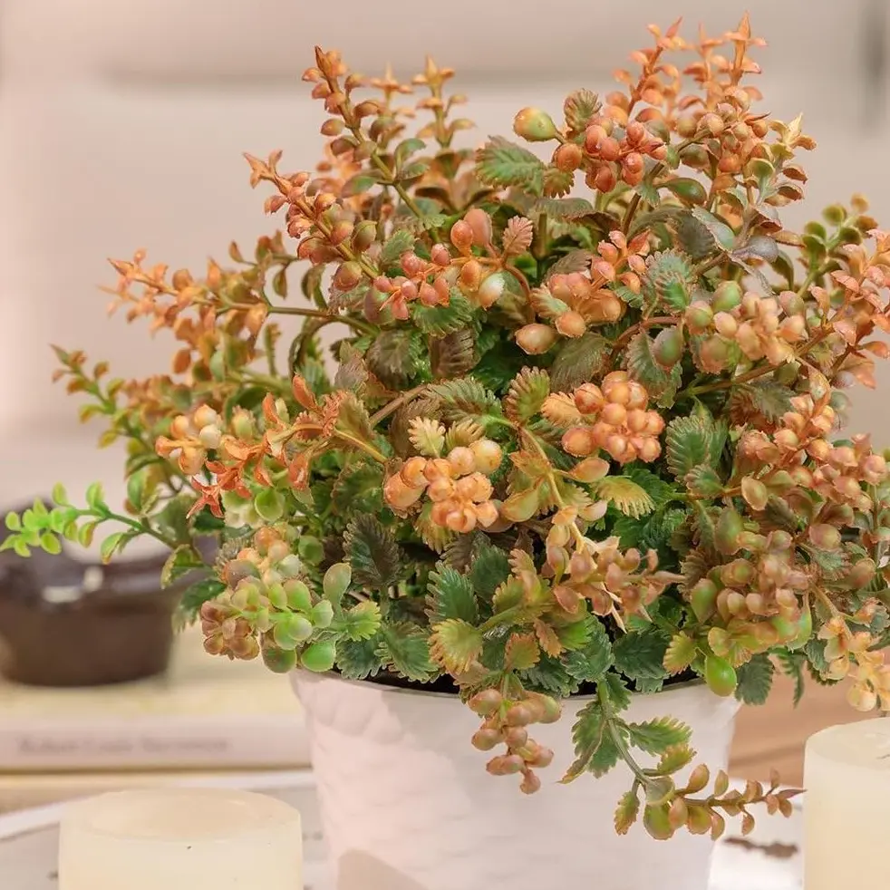 2pcs Pack Lightweight Plastic Autumn Orange Small Artificial Flower Potted Plants with Bowl - Ivory Farmhouse Decorative Nature Home Decor Centerpiece for Shelf, Living Room Table, Set
