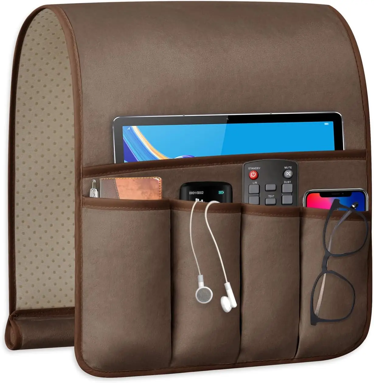 Remote Control Holder for Armchair, Couch Caddy Organizer TV Remote Holder for Bed Storage 5 Pockets, Remote Caddy Bedside Organizer Bedside Table Organizer (Brown, 35"X12.4") SENGE