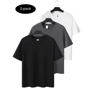3pcs/pack Black White Gray 100% Cotton Crewneck T-Shirts Unisex Regular Fit Solid Multi-Pack Essential Wardrobe Staple - Fabric