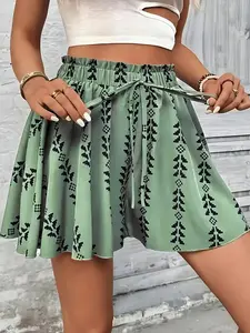 Women's A-Line High-Waisted Floral Printed Pleated Hem Skirt, Loose Fit Summer Boho Style, Elastic Waistband, All-Over Print Design