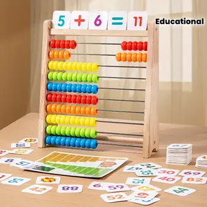 Solid Wood Early Math Abacus for Kids - Beginner Educational Counting Toy with Addition-Subtraction Flash Cards, Montessori Math Manipulatives, Preschool Homeschool Learning Gift for Ages 3+