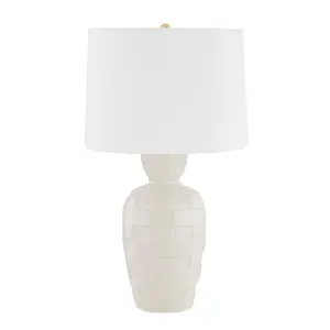 Dawn Table Lamp - Classic Gingham Pattern, Woven Ceramic Base, Satin Cream Finish, White Linen Shade