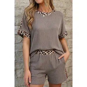 Light Grey Leopard Trim Twist Ribbed Short Set