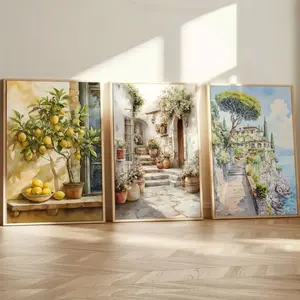 3 Pieces Optional Wooden Frame Canvas Poster Retro Mediterranean Lemon Olive Tree Italian Landscape Poster Print Bedroom Living Room Decor Decor Salon Wall Poster Decor Wooden Wall Art Set