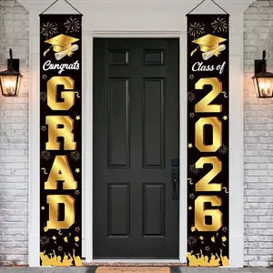 Graduation Decorations 2026 Porch Banner Congrats Grad Class of 2026 Black and Gold Banner for Door and Porch Graduation Party Supplies