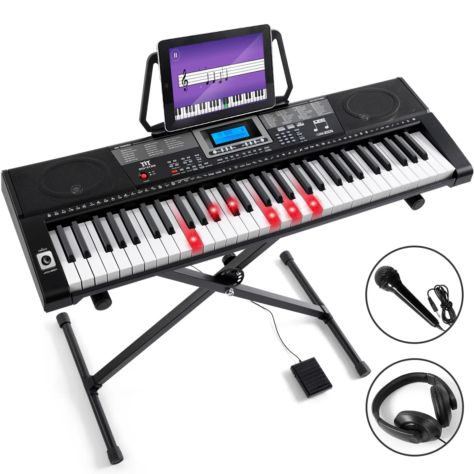 MUSTAR MEKS-500 61-Key Learning Piano Keyboard with Lighted Keys Stand Sustain Pedal Headphones Microphone USB MIDI Built-in Speakers for Beginners