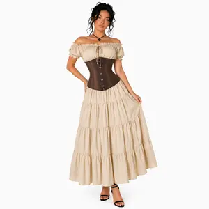 2-Pieces Vintage Pirate Wench Costume Cream Renaissance Dress with Brown Waist Cincher Gothic Steampunk Long Dress MUSIBEAUTY for Cosplay & Halloween Party 6531+7055