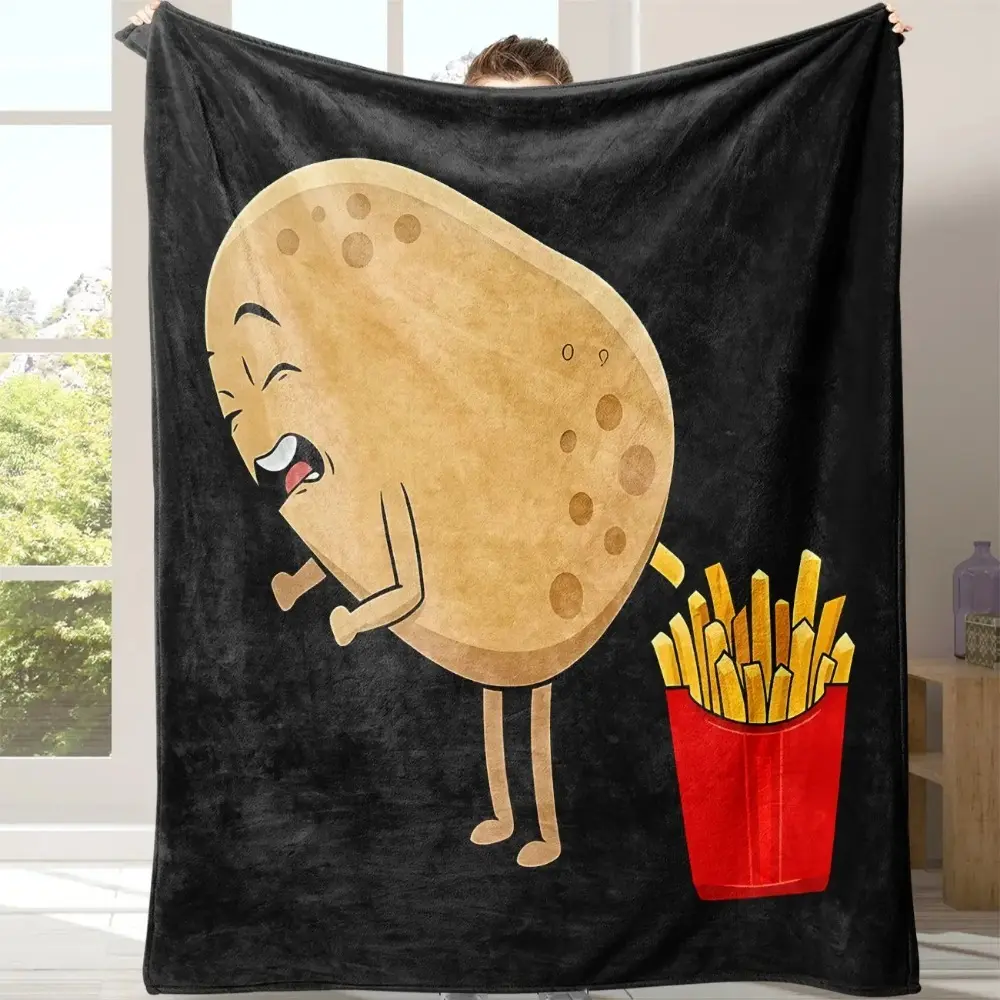 Fun French Fry Pattern Blanket, Soft Flannel Throw for Couch Bed, Warm Comfortable Lightweight Blanket for Home Office Nap Travel Camping, Food Themed Blanket, Soft Cozy Blanket, Flannel Printed Blanket, Flannel Throw Blankets
