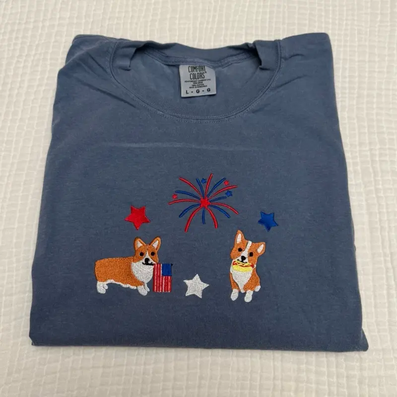 USA Corgi dog embroidered Fourth of July comfort colors T-shirt USA Corgi dog embroidered Fourth of July comfort colors T-shirt