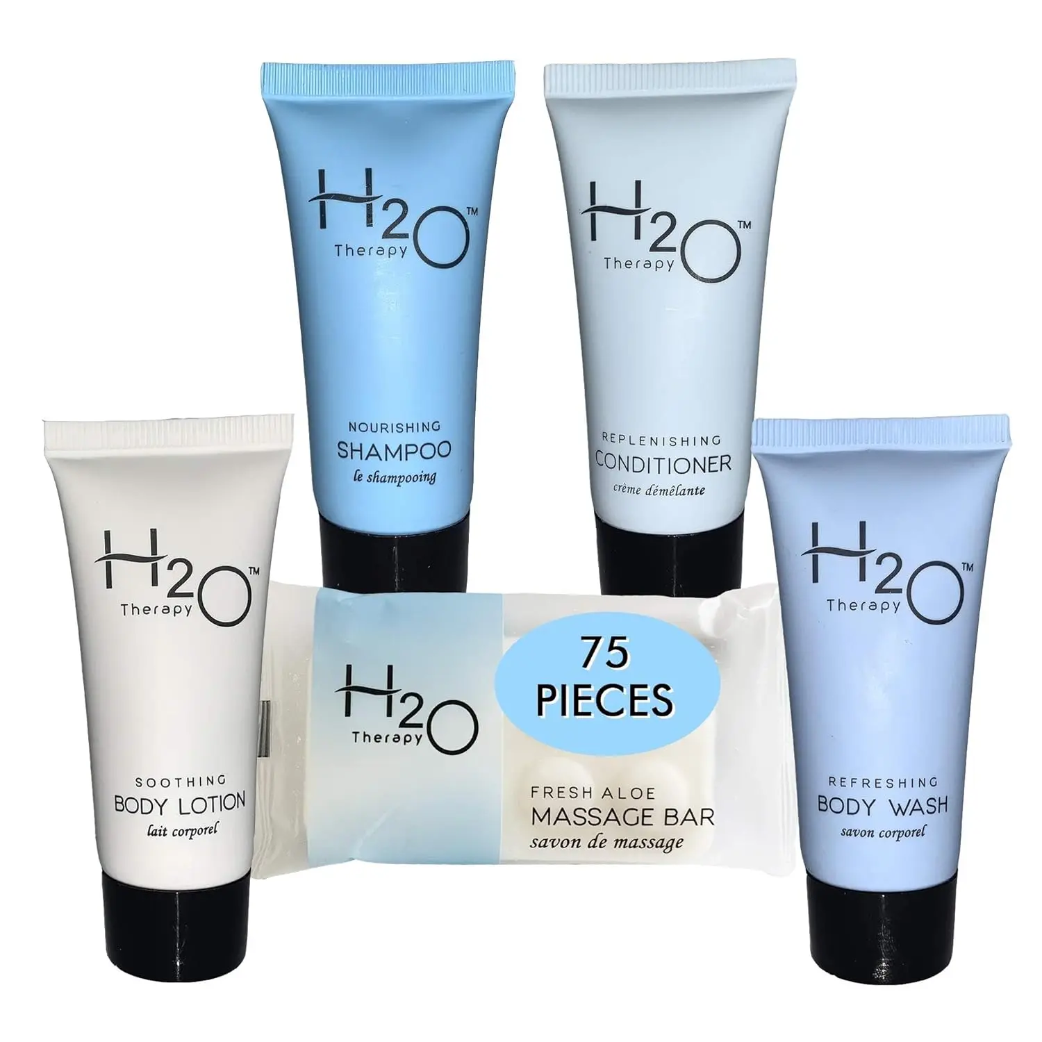 H2O All-In-Kit (75 pcs) | 15 of each Shampoo, Conditioner, Body Wash, Body Lotion & 1 oz Bar Soap | Travel Size Amenities for Hotels & Airbnb | Therapy Hotel Soaps and Toiletries Bulk Set Body Care Luxury Scented Olive