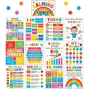 2D Flat 13pcs Frameless Colorful Calming Corner Classroom Posters Calm Down Corner Emotion Posters Feeling Management Educational Mental Health Posters Back to School Home Classroom Decorations Wall Art Bulletin Board Decor 8*10inches