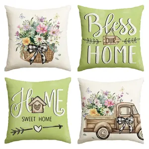 4PCS Spring and summer style colorlife Bless Our Home Eucalyptus Leaves Throw Pillow Covers, 16x16、18x18、20x20 Inch Spring Truck Cushion Case for Home Sofa Couch Set of 4