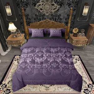 Feelyou 7-Piece Gothic Comforter Set, Dark Purple Moth Goth Bed-in-a-Bag with Sheets, Vintage Damask Boho Queen Bedding Set, Aesthetic Bedding for Adults, Queen Bedding Sets