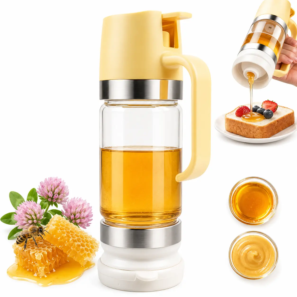 Glass Honey Dispenser No Drip ,10 OZ Honey Pot with Handle, Leakproof Maple Syrup Dispenser for Coffee, Tea, Pancakes, Breakfast, Yellow, 1 Pack