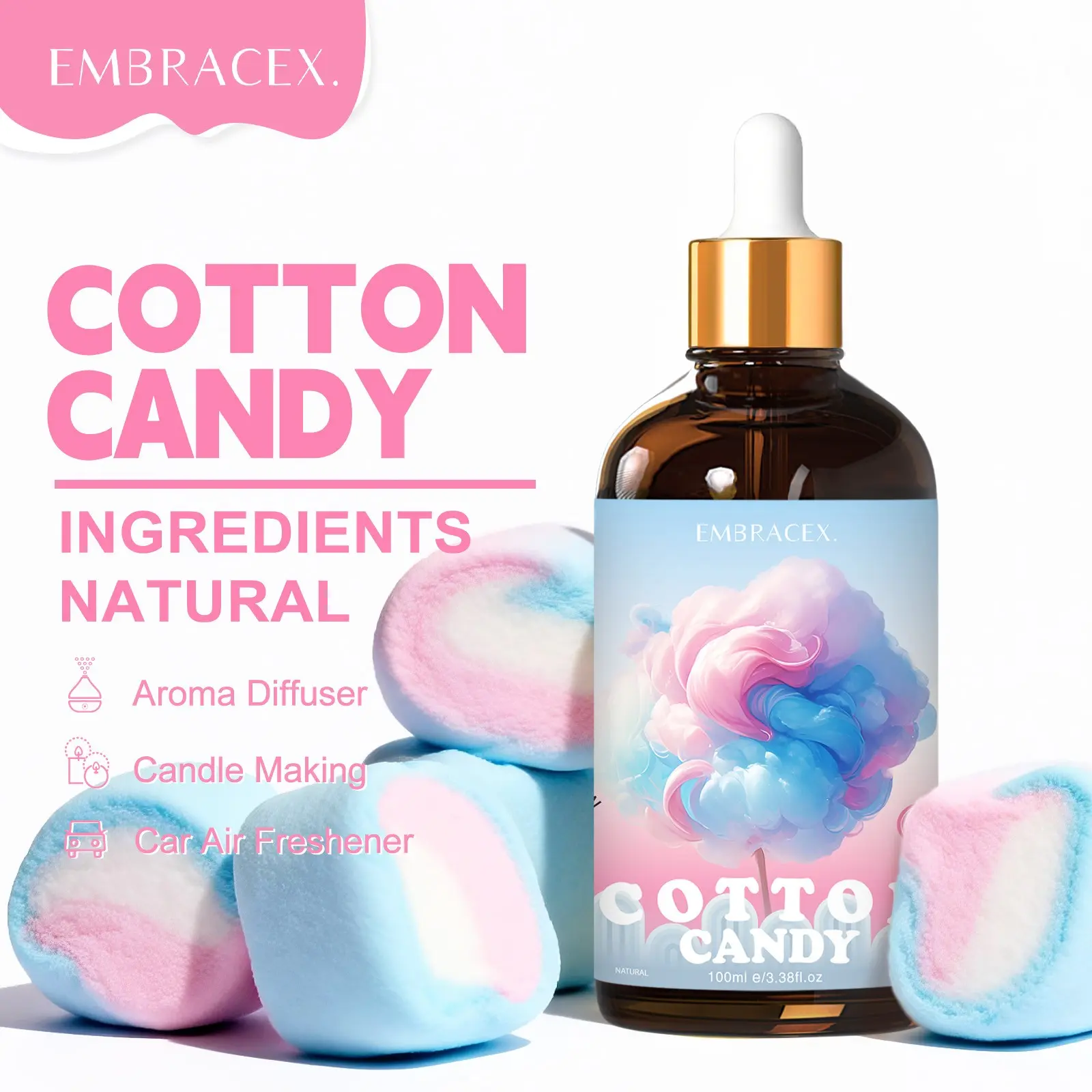 100ML Cotton Candy Essential Oils, Food Grade Fragrance Oil, Aroma Oil, Humidifier Diffuser, Body Massage, DIY Soap Candle Bath, Car Air Freshener