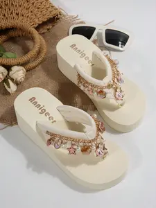 Summer Pearl Fish Decorative Thick Sole Sandals for Women, Height Boosting Slimming Beach Slippers, Beach Ready, Perfect for Vacation, Footwear, Casual Platform Sandals
