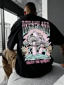 Men's Cartoon Mushroom Print Round Neck Tee, Regular Fit Casual Drop Shoulder Half Sleeve Graphic T-shirt, Graphic Tees, Streetwear, Summer Top for Daily Wear