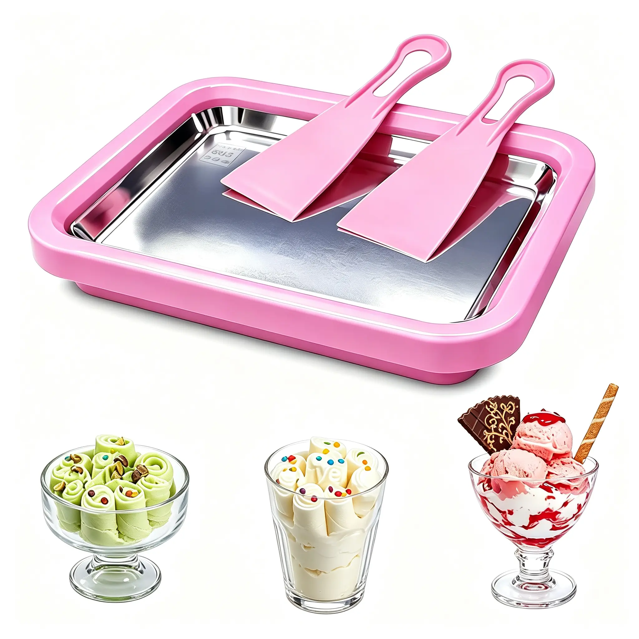 Rolled Ice Cream Maker Pan, No Electricity Ice Cream Roll Machine, DIY Frozen Yogurt Plate, 304 Stainless Steel Homemade Ice Cream Tray with 2 Spatulas, No Churn Freeze Pan for Family Kids Summer Dessert