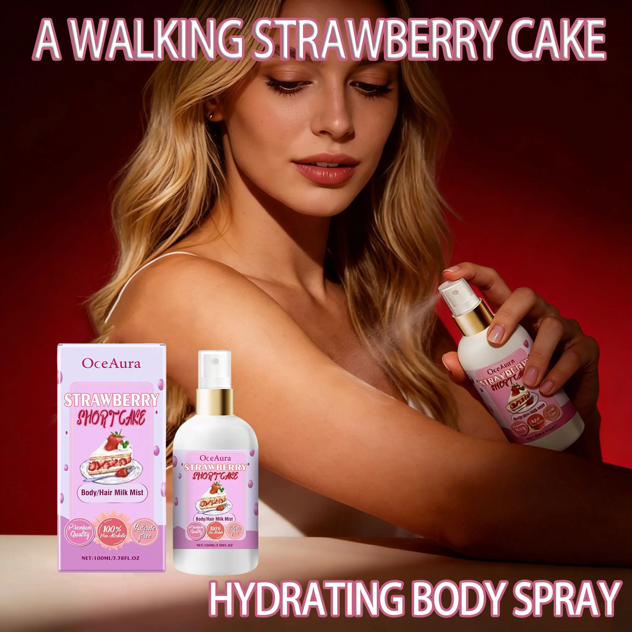 Body Moisturizing Spray (strawberry Cake Scent), Hydrating Refreshing Full Body Hair Care Mist, Long Lasting Fragrance, Aroma, Elegant Bottle, Day and Night Daily Use, Scented, Moisturize