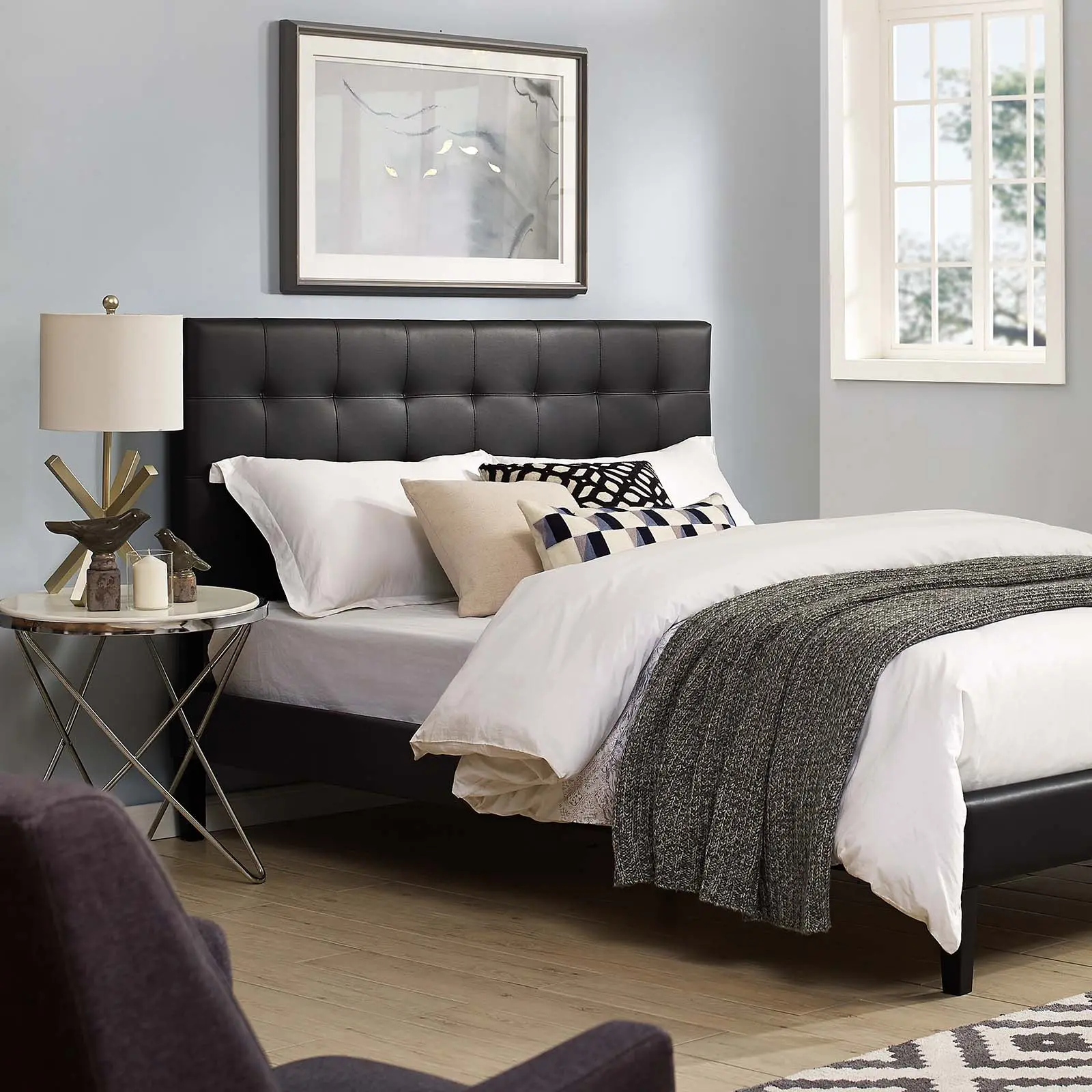 Modway Paisley Soft Full/Queen Size PU Leather Tufted Modern Upholstered Headboard, Black Luxury Furniture for Bed Frames
