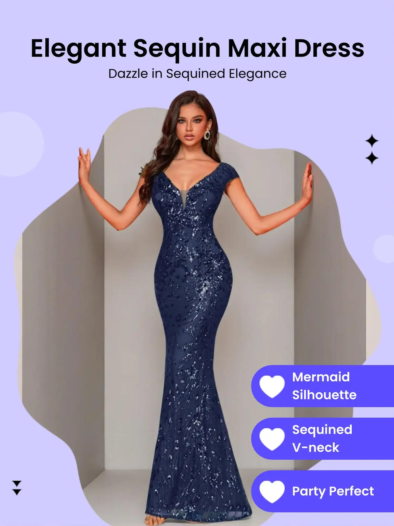 Women's Sequin Mermaid Formal Evening Dress, Elegant V-Neck Cap Sleeve Party Gown, for Prom, Cocktail, Banquet & Wedding Guest