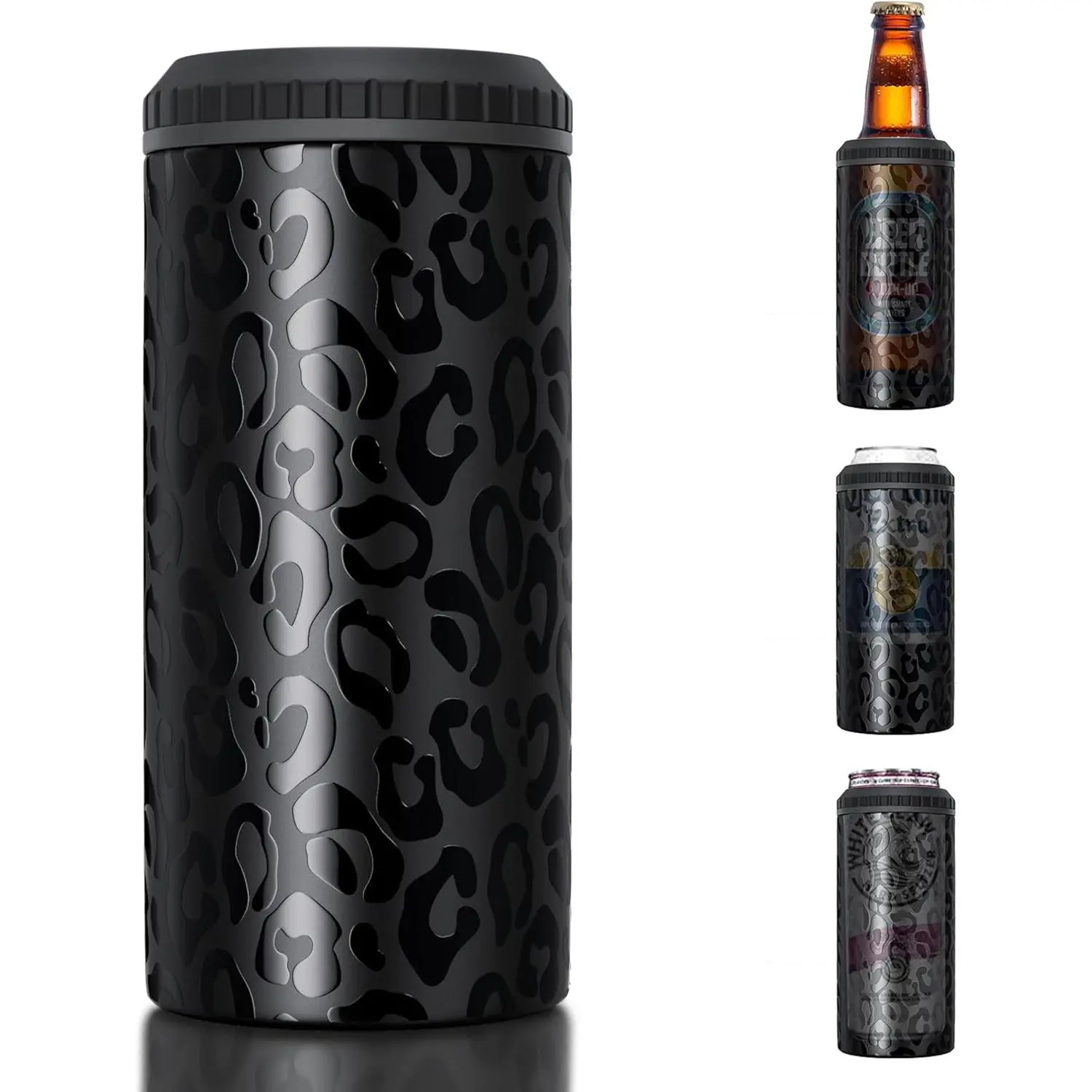 3-in-1 Design Double-Walled Stainless Steel Vacuum Can Cooler - 12 oz, Lightweight Portable Synthetic Insulation, 6-Hour Cold Retention, Non-Slip Base, Fits Skinny/Regular Cans & Bottles, Black Leopard (Kitchenware Drinkware Accessory for Gatherings)