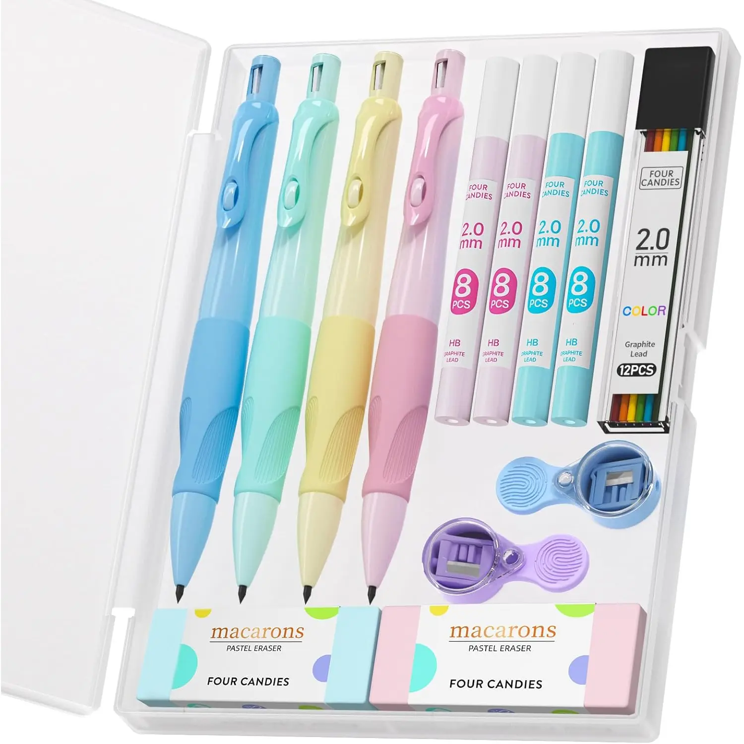 Four Candies 2.0MM Mechanical Pencil with Comfort Ergonomic Grip, 4PCS Cute Mechanical Pencils with 44PCS Lead Refills, 2PCS Sharpeners/Erasers, Aesthetic School Supplies for Kids Writing Drawing