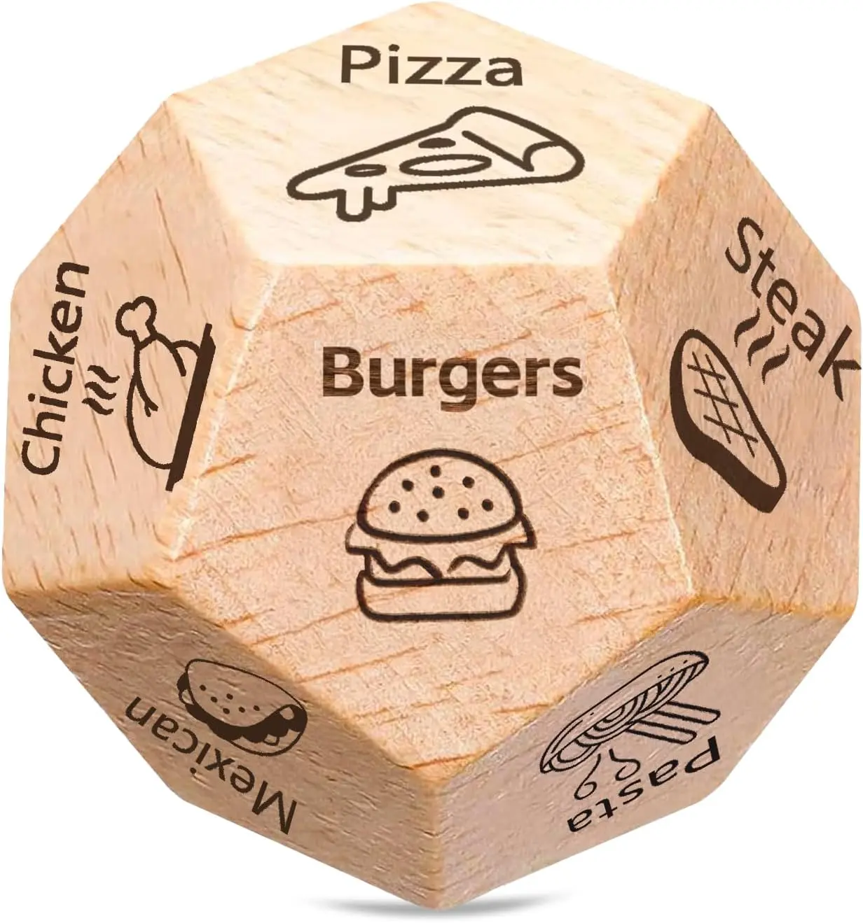 12-Sided Engraved Wooden Food Decision Dice Fashion Accessory Set, Durable Novelty What to Eat Game, Gift for Couples, Husband for Anniversary, Father's Day, Valentine's Day