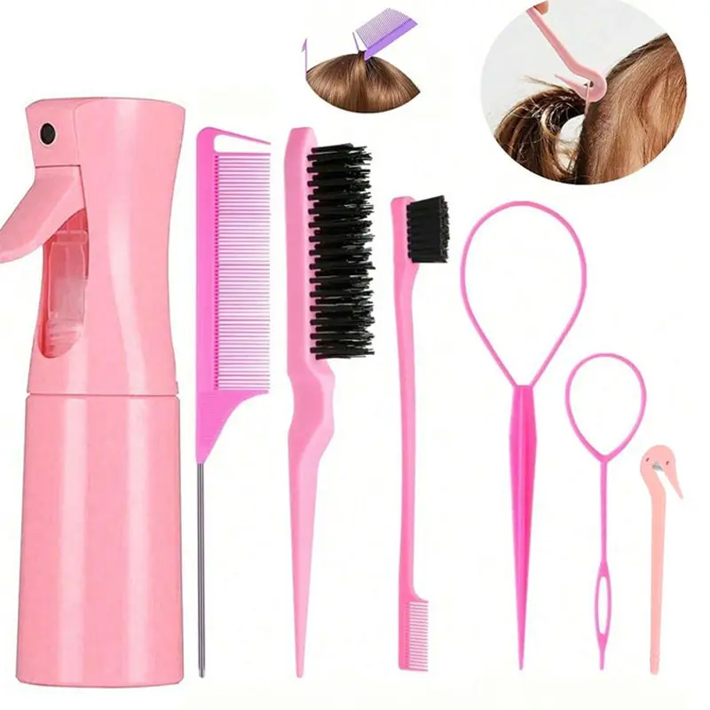 7PCS Pink Hair Styling Tools Set, Heatless Styling Tools, with Fine Mist Spray Bottle, Rat Tail Comb, Volumizing Brush, Bun Styling Tool & Hair Clips, for Slick Back Hair, Braiding, Parting, Detangling & DIY Hairstyles, Hair Salon Supplies