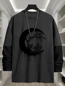 Men's Moon Skull Graphic Print Loose Fit Long Sleeve Round Neck T-Shirt, Fashion Street Style Streetwear Casual Top, Comfortable Trendy Gift